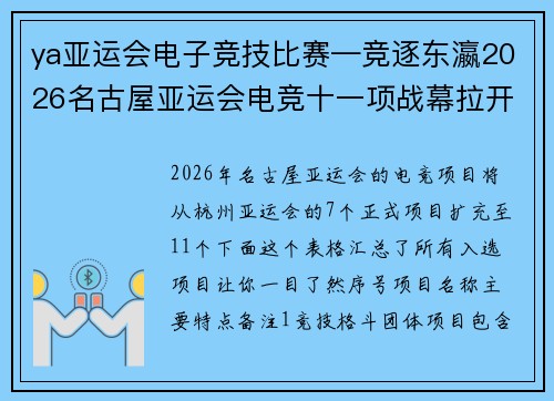 ya亚运会电子竞技比赛—竞逐东瀛2026名古屋亚运会电竞十一项战幕拉开